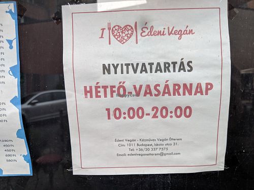 Hours and address, June 2018 at Edeni Vegan in Budapest