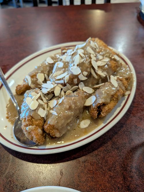 Almond fried fritters (more like chicken than the almond tofu) at Teapot Vegetarian House in Redmond
