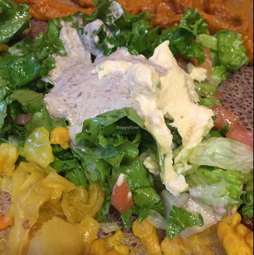 fresh food with lots of textures in veggie sampler at Tadu Ethiopian Kitchen in San Francisco