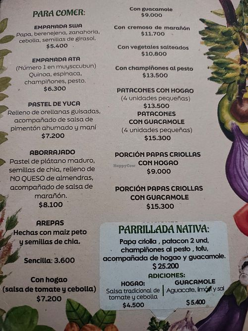 menu at Nativa in Bogota