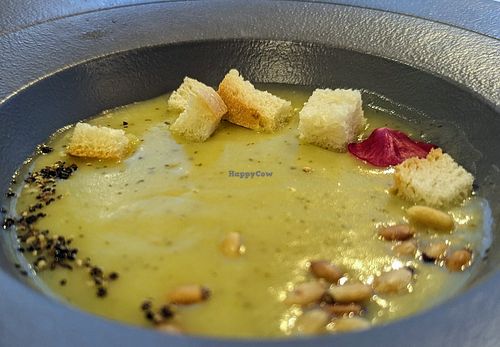 Creamy zucchini potato soup at Joie Restaurant in Central Singapore