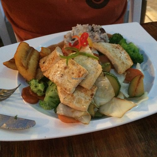 Delicious vegan food with plantain, rice, beans, tofu and vegetables at Lola Valentina in Isla Mujeres