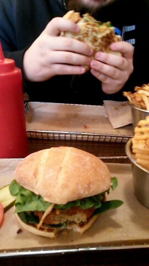 Chickpea burger on ciabatta bun at Harper's Burger Bar in Kingston