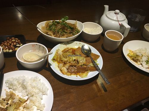 sweet and sour kelp salad, tea, soup, twice cooked pork, and a salted peanut snack all for under 15  at Lucky Vegetarian in Brooklyn