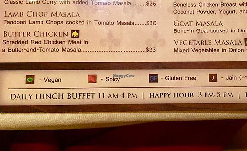 Vegan symbol to indicate vegan menu items  at Rio Hotel and Casino - Royal India Bistro in Las Vegas