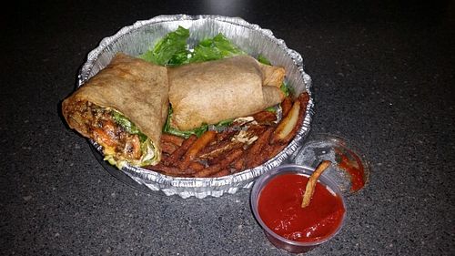 The first day: Chorizo wrap w/fries. at Violette's Vegan Organic Cafe and Juice Bar in Las Vegas