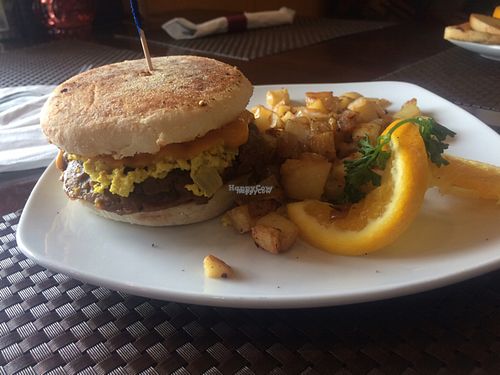 Vegan muffin sandwich with breakfast potatoes  at Violette's Vegan Organic Cafe and Juice Bar in Las Vegas