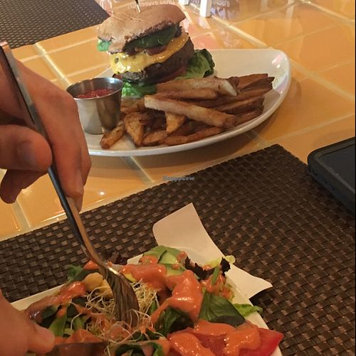 salad and veggie burger  at Violette's Vegan Organic Cafe and Juice Bar in Las Vegas