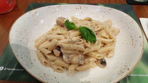 My favourite dish - vegan alfredo, creamy sauce with mushrooms and seitan! at Tidjoori Restaurant in Dubai