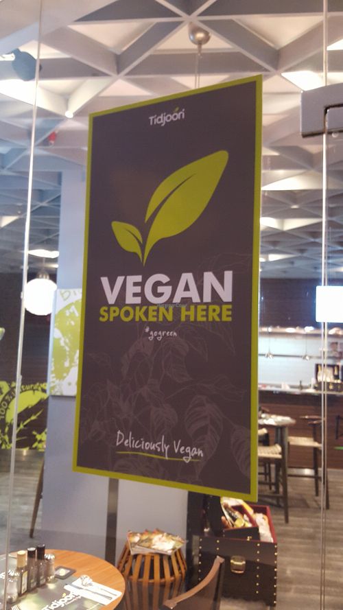 Vegan sign! at Tidjoori Restaurant in Dubai