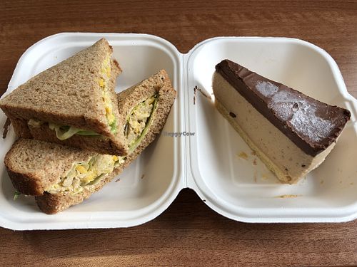 Chicken mayo style sandwich and caramel cheesecake - so good! at Simply V in Cardiff