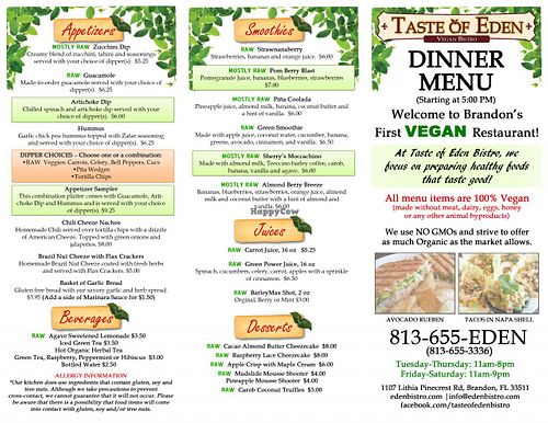 Dinner To Go Menu - Outside at Taste of Eden Bistro in Brandon