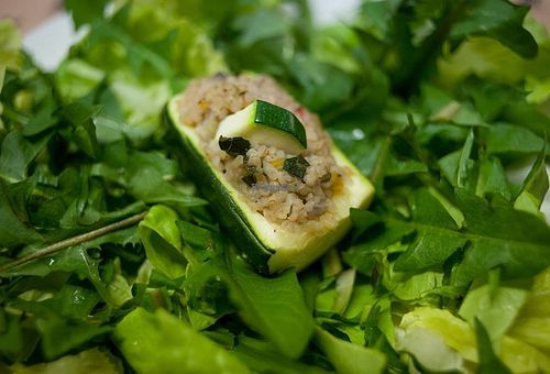 Barley, bulgur stuffed zucchini and a salad of dandelion at Chimera in Krakow