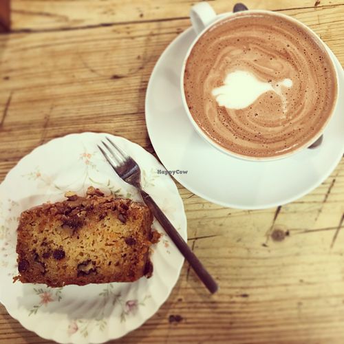 Walnut, carrot and raisin cake, with a hot chocolate!  at Offbeet in Wickham