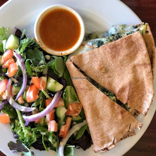 Quesadilla Small Course with vegan cheese and house green salad at Un Solo Sol in Los Angeles