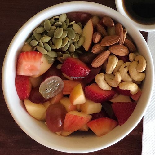 Fruit Bowl with raw seeds, nuts, and agave or maple syrup. at Un Solo Sol in Los Angeles