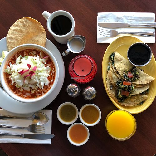 Red Pozole and Frijolilla with whole black breans at Un Solo Sol in Los Angeles
