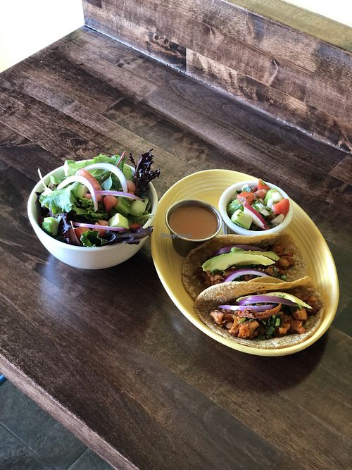 Small House Green Salad and individual Al Pastor tacos  at Un Solo Sol in Los Angeles