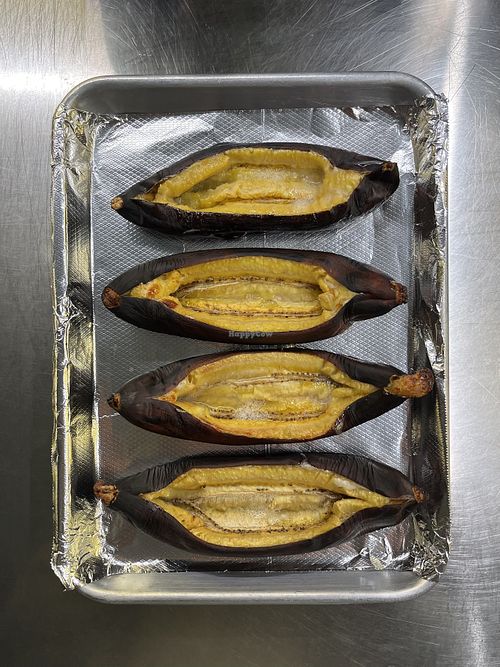 Stuffed Baked Plantains “Plátanos Locos” without the filling.  Choice of black beans, house mango jam, and dark brown sugar (unrefined sugar)  at Un Solo Sol in Los Angeles