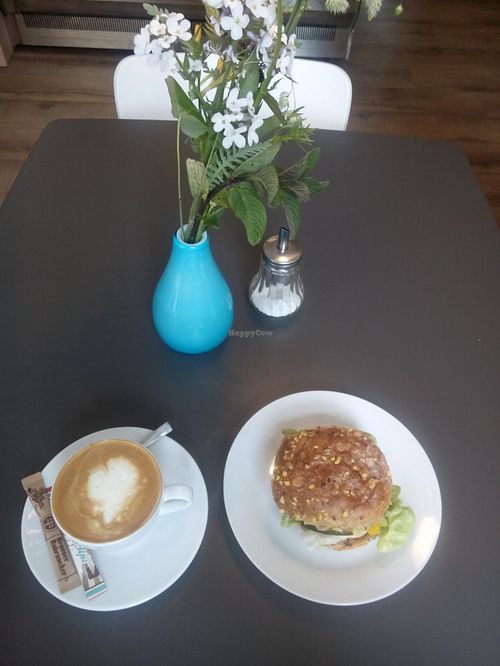 soy cappuccino & vegan bun with grilled vegetables at Holy Kitchen in Heidelberg