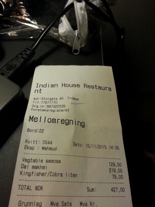 example of costs at Indian House in Tromso