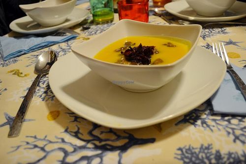 Cream of pumpkin and potatoes, mushrooms, vin cotto braised radicchio at Spezialita Chef a Domicilio Roma in Rome