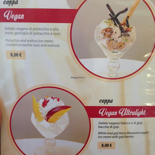 Vegan menu items at Vanilla Gelati Italiani in Milan