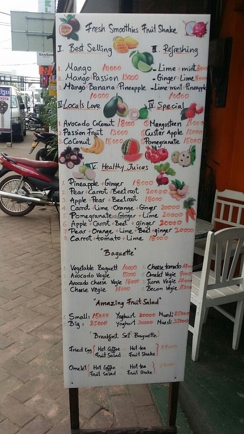 foothpath menu at House of Fruit Shakes in Vientiane