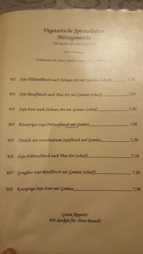 vegan lunch menu  at Asia Paradies in Vienna