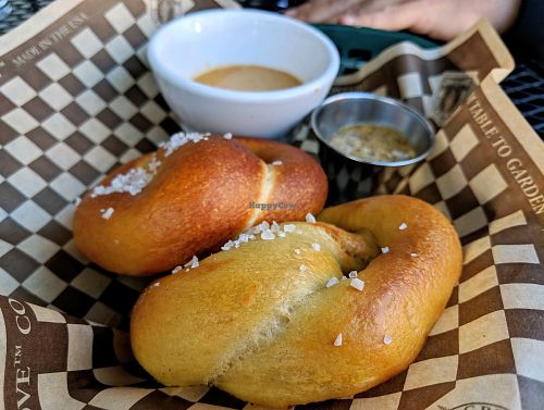 Pretzels with Mustard and Vegan Cheese Dip at Saranac Public House in Spokane