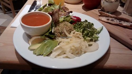 Part of the vegan brunch: quinoa, hummus, salad, vegetables and soup at Le Pain Quotidien - Charonne in Paris