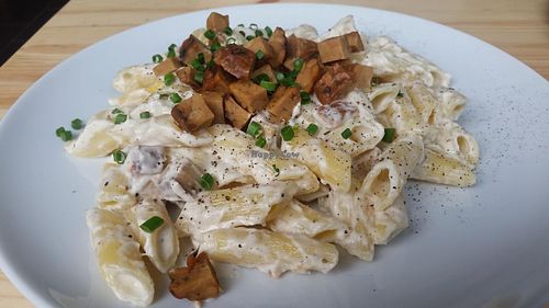 pasta with cream sauce at Lokal Vegan Bistro in Warsaw
