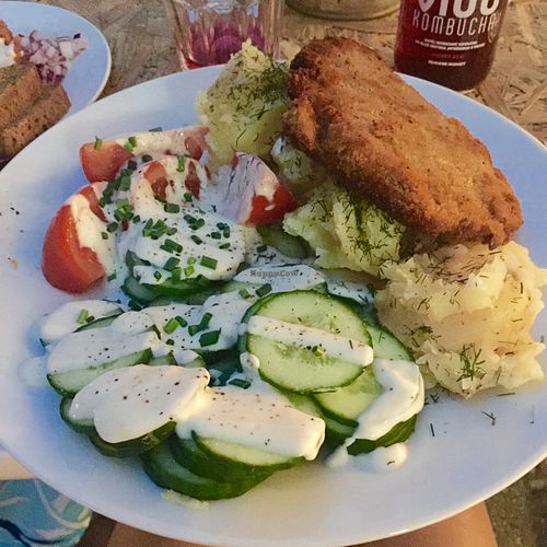 schabowy ziemniaczki i mizeria!  at Lokal Vegan Bistro in Warsaw