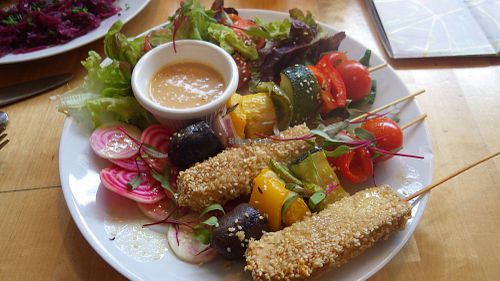 Tofu skewers at Lokal Vegan Bistro in Warsaw