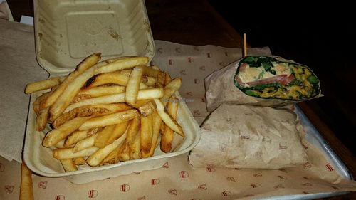 Farmstead burger and fries at Bareburger - Financial District in New York City