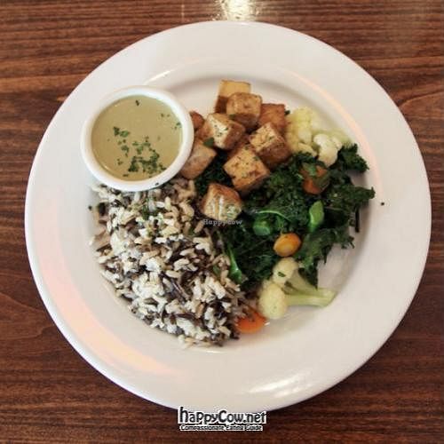 macrobiotic feast: wild and brown rice, baked tofu, tahini sauce, seasonal vegetables. at Spiritland Bistro in Santa Barbara