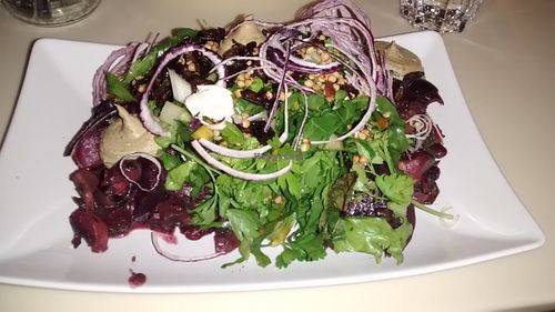 Great salad with mushroom cream and dried onions at Sjala Mat in Stockholm