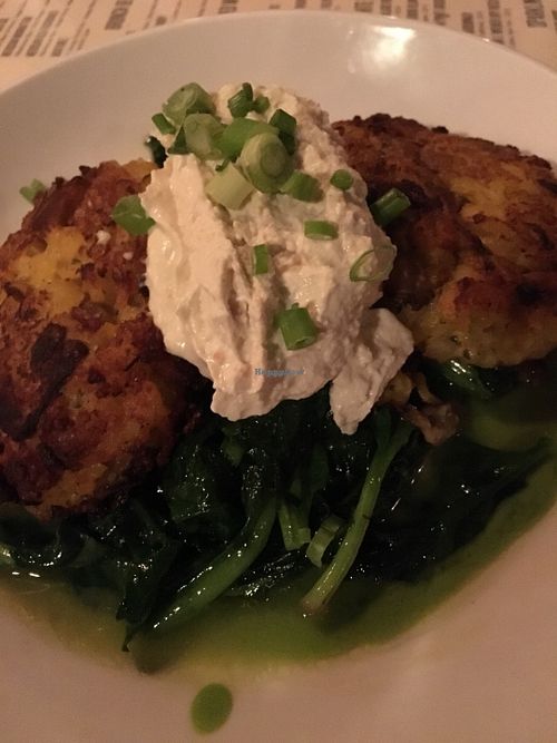 Saffron risotto cakes with green pea coulis (vegan!!) at Meridian Pint in Washington