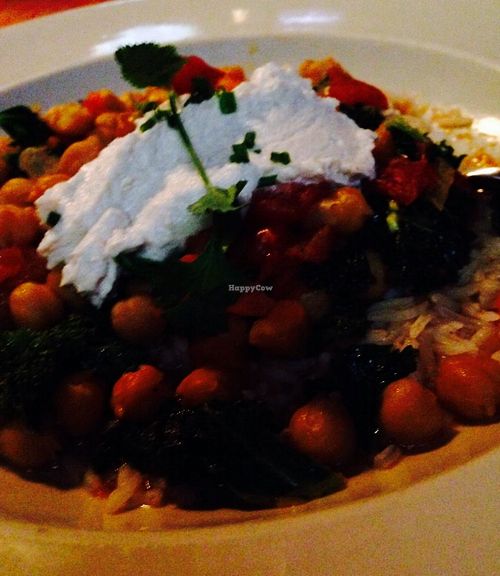 Chickpea and butternut squash vegan stew with basmati rice and vegan sour cream at Meridian Pint in Washington