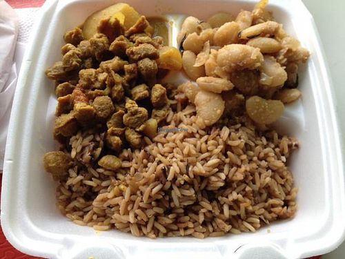 mixed plate. rice with black eyes peas. Lima beans. potatoes & soy nuggets.  at Strictly Vegetarian in Brooklyn