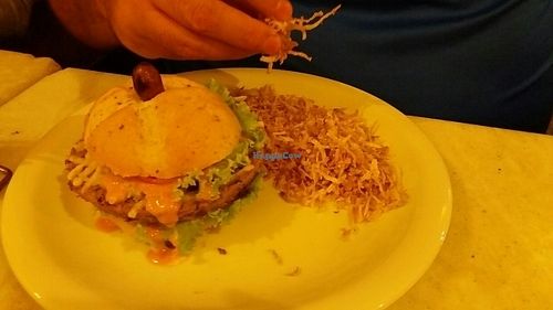 Quinoa burger with vegan cheese and yam fries at Vegetariano Social Clube Delivery in Rio De Janeiro