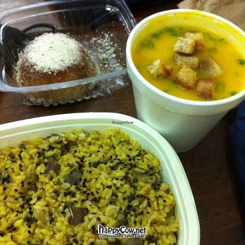 Pumpkin Soup, Mushroom risotto and banana pie with no added sugar at Vegetariano Social Clube Delivery in Rio De Janeiro