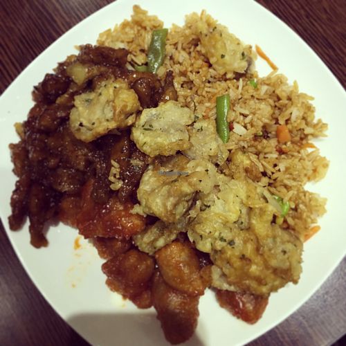 Rice, sweet and sour balls, bbq seitan and battered mushrooms.  at 96 Zen Etterem in Budapest