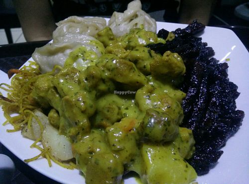 Curry soy, barbecue seitan and veggie dumplings with potatoes and noodles at 96 Zen Etterem in Budapest