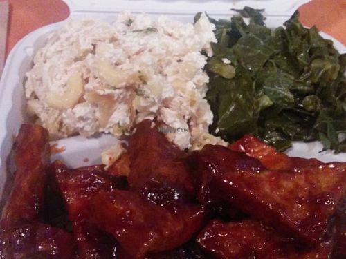 Mac & cheese, collard greens and BarBQ tofu at NuVegan in College Park