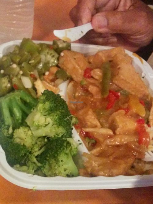 Okra, ginger tofu, broccoli at NuVegan in College Park