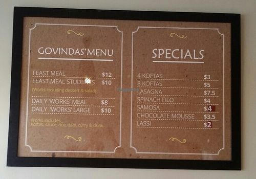 menu 2 at Hare Krishna Food For Life in Fortitude Valley