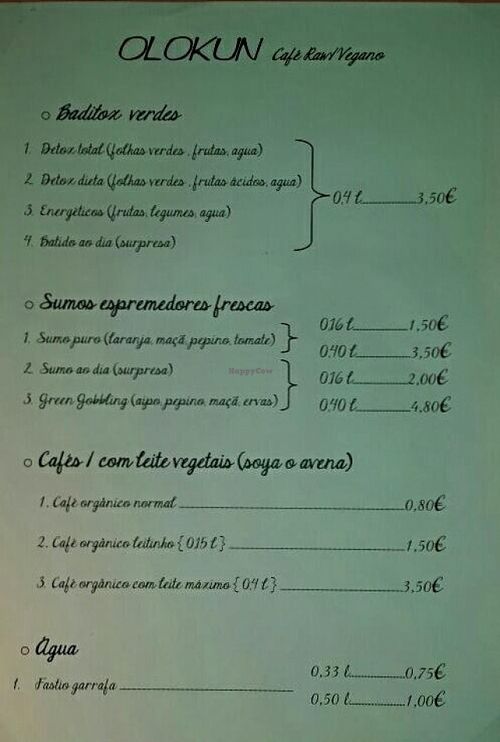 Menu at Olokun in Torres Vedras