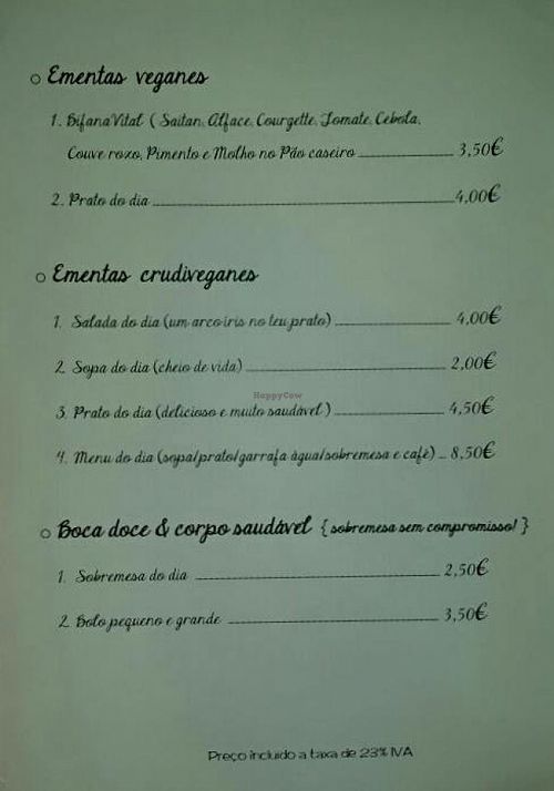 Menu at Olokun in Torres Vedras