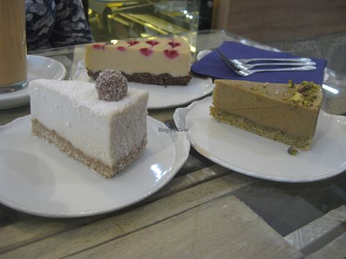 Cakes (raffaelo at the front, white chocolate and raspberry at the back) at Sweet Secret of Raw in Prague